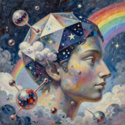 a painting by ralph mcquarrie of floating molecules and a giant head icosahedron with stars, clouds, and rainbows in the background, trending on artstation, masterpiece, incredible details
