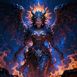 stunning female demons surrounded in fire, korean, buddhist, naraka otherworldly rising from the blue fire, crystal amber eyes, wings, very detailed face, smile, monster teeth covered in red, dark and mysterious, full body, rococo, cinematic, epic, very detailed, full body, sun god, death god, hell