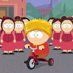 Butterz from South Park wearing a fur pimp hat and coat riding his tricked out tricycle why a crowd of waitresses from rasains follow behind him