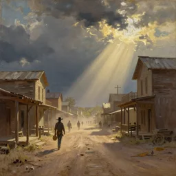 oil painting of american old west town, dusty street, sunrays, dramatic, very very very beautiful art, romanticism by goya