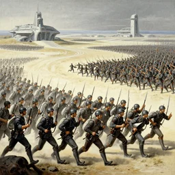 armies marching into battle, futuristic alternate timeline, communist hordes, art by max ernst