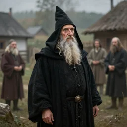 portait of an old hungarian wizard in a hungarian village, dressed in black. atmospherical, magical, natural lighting, dust, soft focus, oil canvas by munkacsi, greg rutkowsk, marc simonetti, hollosy simon and da vinci