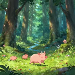 a wolf running after a cartoonish anthropomorphic pig though a magical forest full of wonders, wide, pine trees, streams, matte painting, digital illustration, very vibrant colors, soft lighting, adventurous, atmospheric lighting, 8 k, octane render. by makoto shinkai, stanley artgerm lau, wlop, rossdraws, james jean, andrei riabovitchev, marc