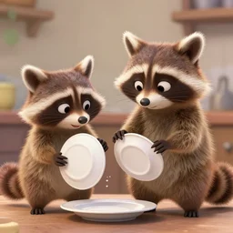two raccoons doing dishes, pixar style