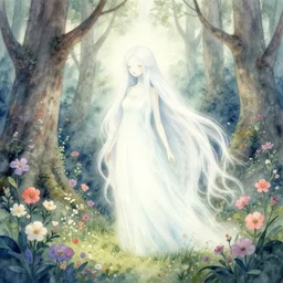 highly detailed watercolor, beautiful ghostly forest spirit, long hair, nostalgia for a fairytale, magic realism, flowerpunk, mysterious, black light neon colors, by charles vess, anato finnstark, cinematic lighting, beautiful face by leyendecker