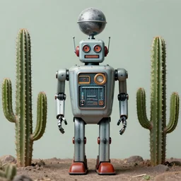 long shot of a 1950s retro Cactus robot, with space above the head. full body framed. Bionic cacti Arms and eyes. pop surrealism, muted colours. by Jean-Baptiste Monge, wide shot