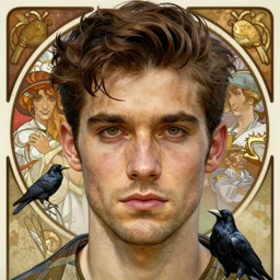 realistic detailed face portrait of a rugged handsome raven king with ravens by alphonse mucha, ayami kojima, amano, greg hildebrandt, and mark brooks, male, masculine, art nouveau, neo - gothic, gothic, character concept design