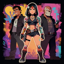 a vectorgraphic celshaded fullbody portrait shot of a mayan female hacker with mechanic implants by jeral tidwell feat dracko velasco and beastwreck. inspired by paul lewin and clogtwo. vintag lowbrow. shadowrun cartoon. graffity style reminds to chris dyer and cantwo kopak. overpainted and stylized by subjekt zero.