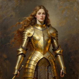 a beautiful female warrior, half body portrait, fit body, long flowing hair, golden armour, realistic oil painting by thomas cole and wayne barlowe