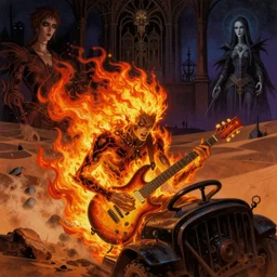 realistic detailed image of guitar player god fire driving in the desert, insane, by Ayami Kojima, Amano, Karol Bak, Greg Hildebrandt, and Mark Brooks, Neo-Gothic, gothic, rich deep colors. Beksinski painting, part by Adrian Ghenie and Gerhard Richter. art by Takato Yamamoto. masterpiece