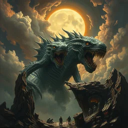 concept art of giant alien kaiju, lovecraftian, renaissance, roaring, melting horror, round moon, rich clouds, fighting the horrors of the unknown, mirrors, very detailed, volumetric light, mist, grim, fine art, decaying, textured oil over canvas, epic fantasy art, very colorful, ornate scales, anato finnstark