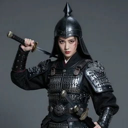 full portrait of female vampire jinyiwei wearing black heavy armor and pointed helmet, agile, absurdly beautiful, facial scar, imposing, jinyiwei, embroidered uniform guard, secret agent, detective, chinese armor, historical armor, pointed helmet, katana, nodachi, japanese sword, ming dynasty, detailed, realistic face, anatomically accurate, fantasy art.