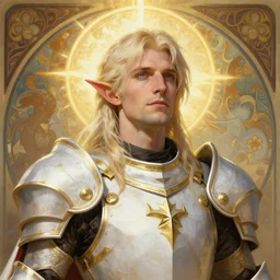 portrait of a calm and pious male aasimar paladin above head with medium length platinum blonde hair wearing white and gold armor, pensive and hopeful expression, highly detailed, cinematic lighting, illustration, painterly, art by Krenz Cushart and Artem Demura and alphonse mucha, intricate, masterpiece, fantasy, halo of light, d&d