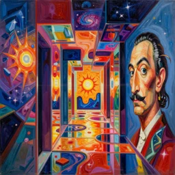 a extremely high quality hd detailed ultra-realistic photorealistic surrealism painting of neon cast glass cubism perspective hallways melting into a warm picasso galaxy landscape by dali and zaha hadid, vivid colors, complimentary colors, melting sun, melting 4d cubes, hallway landscape, 8k, hd, high quality, high contrast