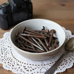 dslr photograph of a beautiful bowl filled with rusty nails screws and bolts with a spoon next to it on a lace napkin, 8 5 mm f 1. 8
