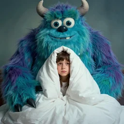 kid cover under blanket from a scary big monster