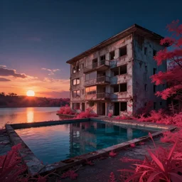 a beautiful hyperdetailed rendering of abandoned building nature architecture pool by edward hopper, sunset cgsociety lake tokyo nightsky landscape studio ghibli nightvision infrared vaporwave retrowave at dawn darkacademia sunlight, archdaily, wallpaper, highly detailed, trending on artstation.