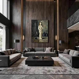 living room, dark elegant modern luxury, wood concrete marble finishes, vanitas oil paintings, symmetrical wide shot low angle