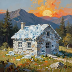 a hyper realistic painting of a stone house made of melting ice cubes made of stone on a hill in the mountains and forest on a scorching hot day