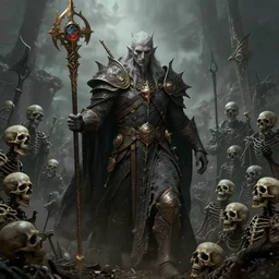 Necromancer leading an army of the dead, maximalist, high detail, 8k, ornate, dark fantasy, realistic, masterpiece, Trending on art station, complex, WLOP