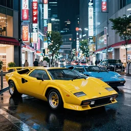 photograph of two different coloured lamborghini countach parked in a rainy neo tokyo street at night with neon light signs illuminating the scene, sharp focus, highly detailed, ray tracing, cinematic, moody, hdr, 4 k, incredible detail
