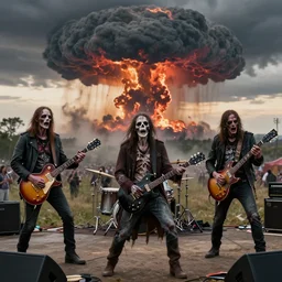 apocalypse, the bluegrass band featuring death, famine and pestilence play at an an outdoor concert as nuclear mushroom clouds explode off on in the distance - h 6 4 0