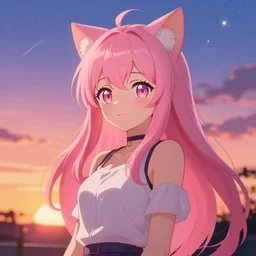A beautiful anime cat girl with pink hair, digital art, cgsociety, trending on artstation, sunset background with shooting stars in the sky