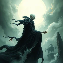a humanoid creature with pale white skin. the creature is bald. it is wearing a black flowing cloak that looks like mist. it is crafting an landscape in the astral plane. cosmic horror. art by peter mohrbacher and gaston bussiere.