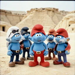 photo of smurfs dressed as gangsters in mos eisley, cinestill 8 0 0 t, 8 5 mm f / 1. 8, bokeh, cinematic