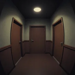 dimly lit, theatre access corridor background, 3 doors, fish eye, rendered by Beeple, by Makoto Shinkai, flat style