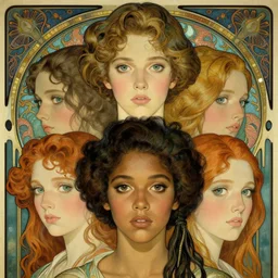 an art nouveau, ( streamline moderne ), multi - racial portrait in the style of anna dittmann and charlie bowater and loish. very large, clear, expressive, and intelligent eyes. centered, ultrasharp focus, dramatic lighting, photorealistic digital matte painting, intricate ultra detailed symmetrical background.