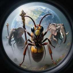 fisheye lens macro extreme close up of anthropomorphic giant ichneumon megarhyssa wasps with elephant heads carrying scepters, national geographic, planet earth, volumetric light, foggy, intricate details, epic, dramatic lighting, hdr 4 k uhd
