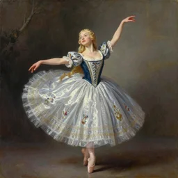 An extremely beautiful detailed painting of a blonde haired polish princess in ballet posture, movement, extremely detailed, ultra complex clothing, green eyes, long hair, royal, round face, artstation, oil painting, award winning