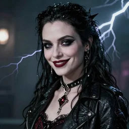 rachel weisz as death from sandman, gentle smile, goth chic, by cedric peyravernay, by lecouffe deharme, soft lightning, eyeliner, punk rock, high detailed, 8 k