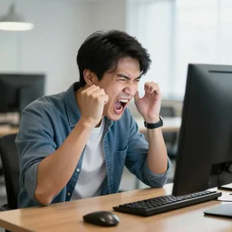 A man screaming angrily at a computer screem