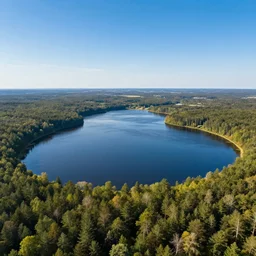 aerial portrait of a vast lake surrounded by woodland, highly detailed, sunny, blue sky, cinematic lighting, high angle, volumetric, photorealistic, digital art painting by greg rutkowski