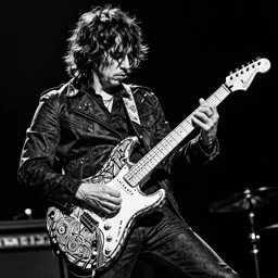 john frusciante playing epic solo on his stratocaster, black and white, intricate lines, high detailed, dark energy, one subject, by bartosz kosowski