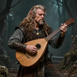 detailed photo of a Half-orc bard portrayed by Gary Busey playing a lute, 8k,by Tristan Eaton, Stanley Artgermm, Tom Bagshaw, Greg Rutkowski, Carne Griffiths, trending on DeviantArt, face enhance, hyper detailed ,full of color, dramatic lightning, epic stance