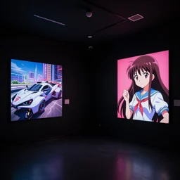 low light museum, sparse room, black walls, dark lighting, oled lights in corners, soft neon lights, modern arty showroom, cel - shading, 2 0 0 1 anime, flcl, jet set radio future, the world ends with you, kid a, cel - shaded, strong shadows, vivid hues, y 2 k aesthetic, art by artgerm