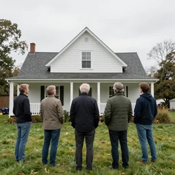 people stand at the parsonage and observe the elevation of the structure, jack butler, chris gwaltney, dominic besner, surreal