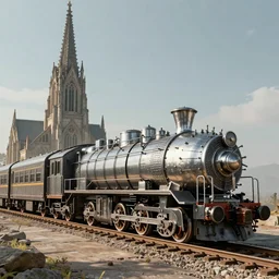 streamline train that looks like gothic cathedral church, warhammer emperium style, gothic locomotive, conic locomotive shaped,  arrow locomotive shape, armored streamline gothic train, art Deco, retro, steel gothic streamline style, octane render