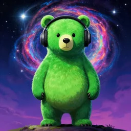 a green humanoid bear with headphones looking in front of the camera by inio asano, beeple and james jean, aya takano color style, 8 k, super detailed, night sky, digital art, digital painting, celestial, majestic, colorful, front