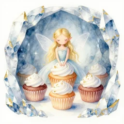 faerie spirit of cupcakes in a crystal cave. this watercolor and gold leaf work by the award - winning mangaka has a beautiful composition and intricate details.