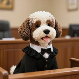 a closeup photorealistic photograph of a cute smiling knitted bernedoodle judge dog dressed in a black gown while presiding over the courthouse. indoors, professional capture, well lit shot. this 4 k hd image is trending on artstation, featured on behance, well - rendered, extra crisp, features intricate detail, epic composition and the style of unreal engine.