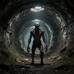a realistic horrible creature standing at the end of an abandoned mine, long tunnel, dream like atmosphere,
