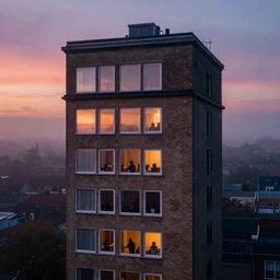 Spying into the windows of a small tower block from outside , windows full of the private lives of the human inhabitants, volumetric lighting shines through the misty sunset sky , full color , 4K