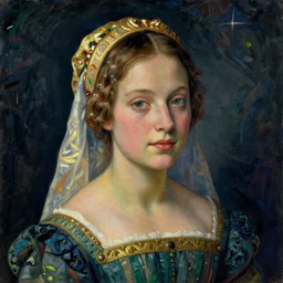 portrait of young woman in renaissance dress and renaissance headdress, art by paul gauguin