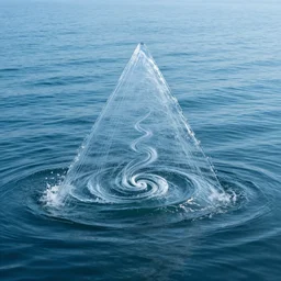 water artwork manipulation inside the shape of a downward - facing triangle, on the ocean water, spiral, ray tracing, realistic water, focus, long shot, 8 k resolution, cinematic, water art photoshop