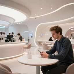 interior of a futuristic cafe, roger broders, hein schulz neudamm, ( ( giuseppe riccobaldi ) ), volumetric, dynamic pose, detailed, matte print, dramatic lighting, risograph, halftone texture, unreal engine, jean giraud