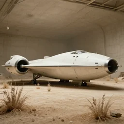 film still of a space freighter in a hangar, desolate mining planet, aerodynamic parked space ship, ridley scott, overgrown with dusty plants, beige light, screenshot from a 1 9 8 0 s sci - fi film,